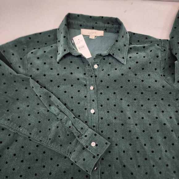 LOFT Women's Small Green Corduroy Black Polka-dot Button-Down Shirt Career Workw - Picture 7 of 7